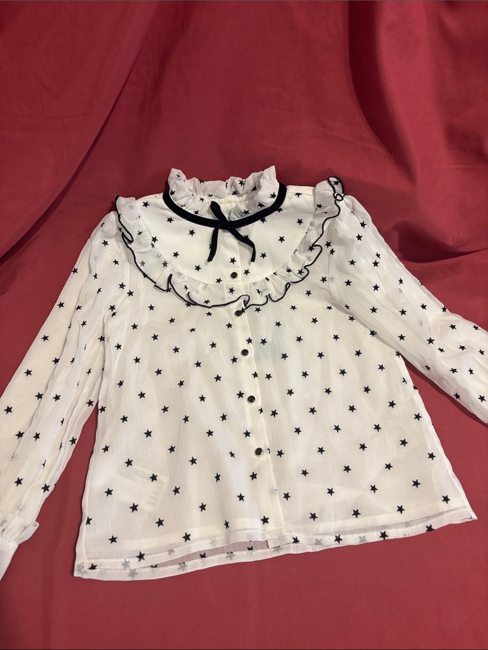 Girls White Star-Print Ruffle Blouse with Black Trim